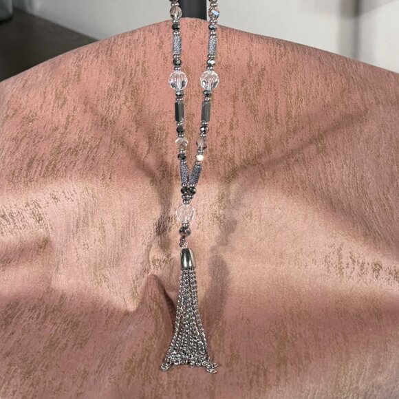 Charming Charlie Silver Beaded Tassel Pendant Necklace — Long Statement Necklace - Picture 2 of 6